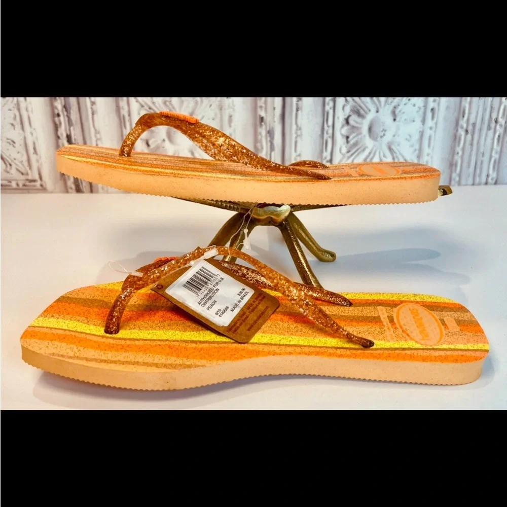 NWT Havaianas Slim Square Folia Flip Flops Glitter Striped Wom 9/10 Peach Orange - Picture 8 of 14